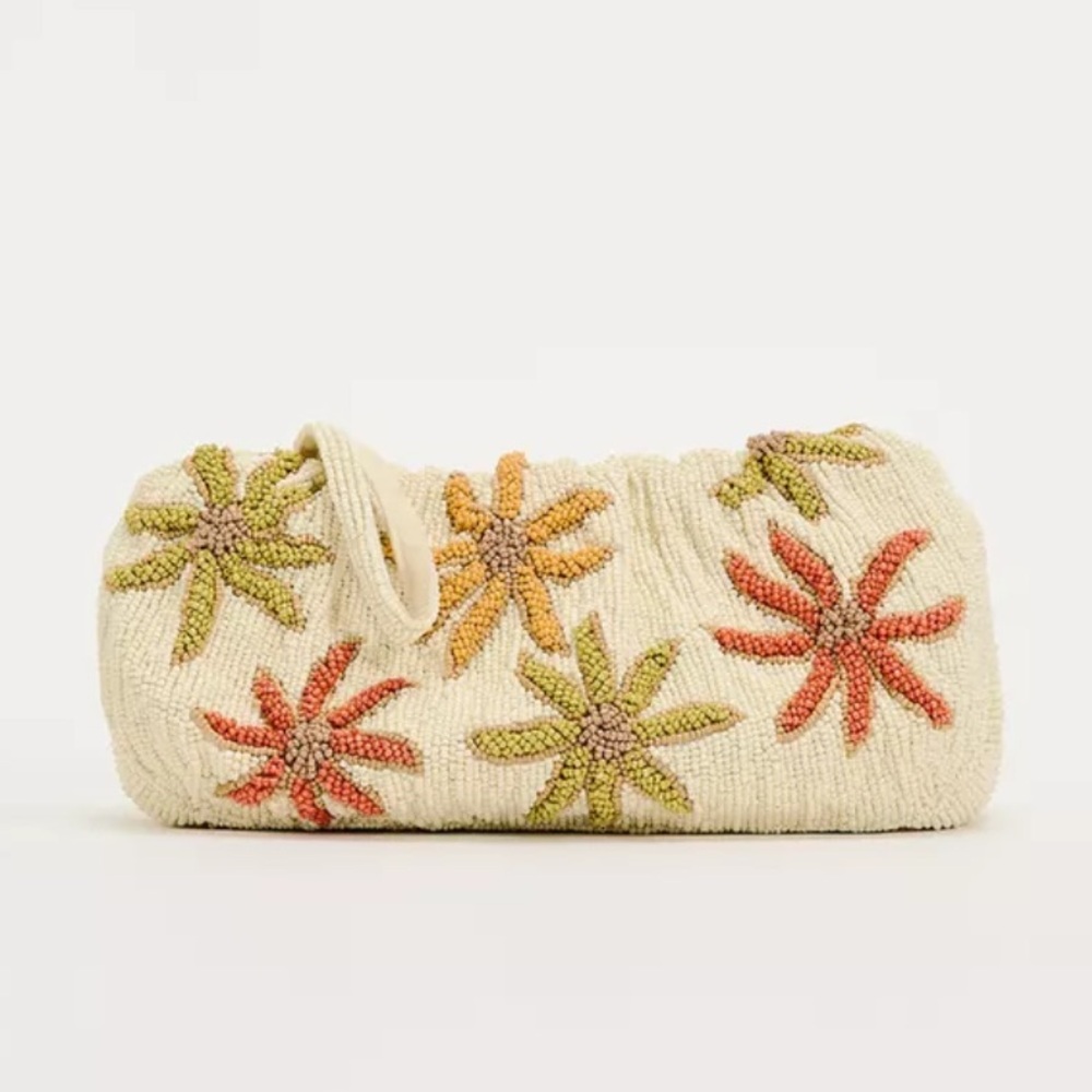 Zara Cream Beaded Clutch with Green and Orange Floral Motif